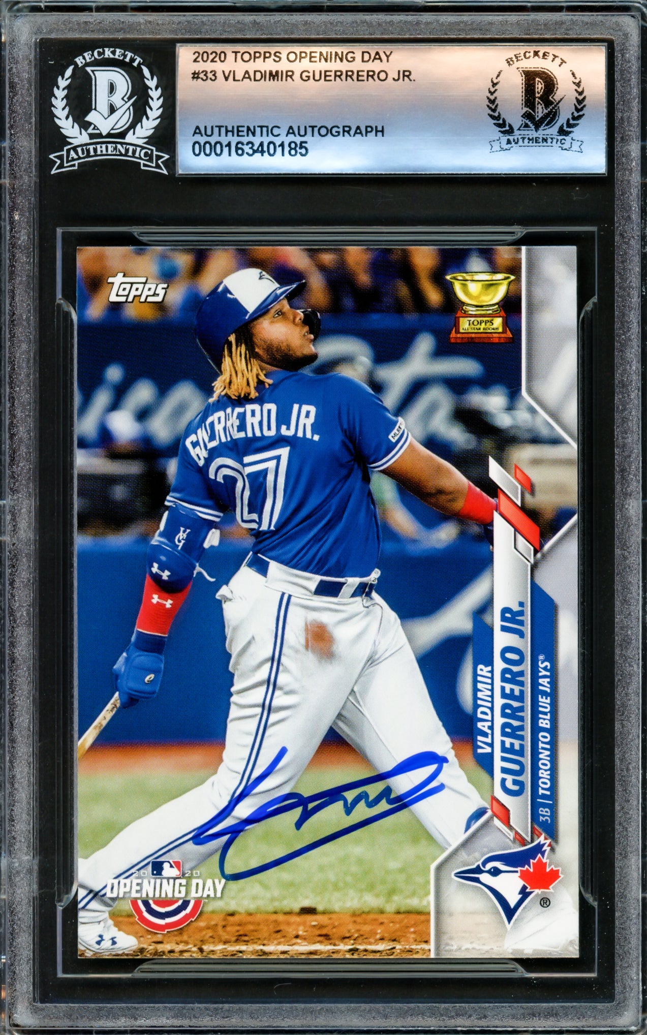 Vladimir Guerrero Jr. Autographed 2020 Topps Opening Day Card #33 Toronto Blue Jays Beckett BAS #16340185
