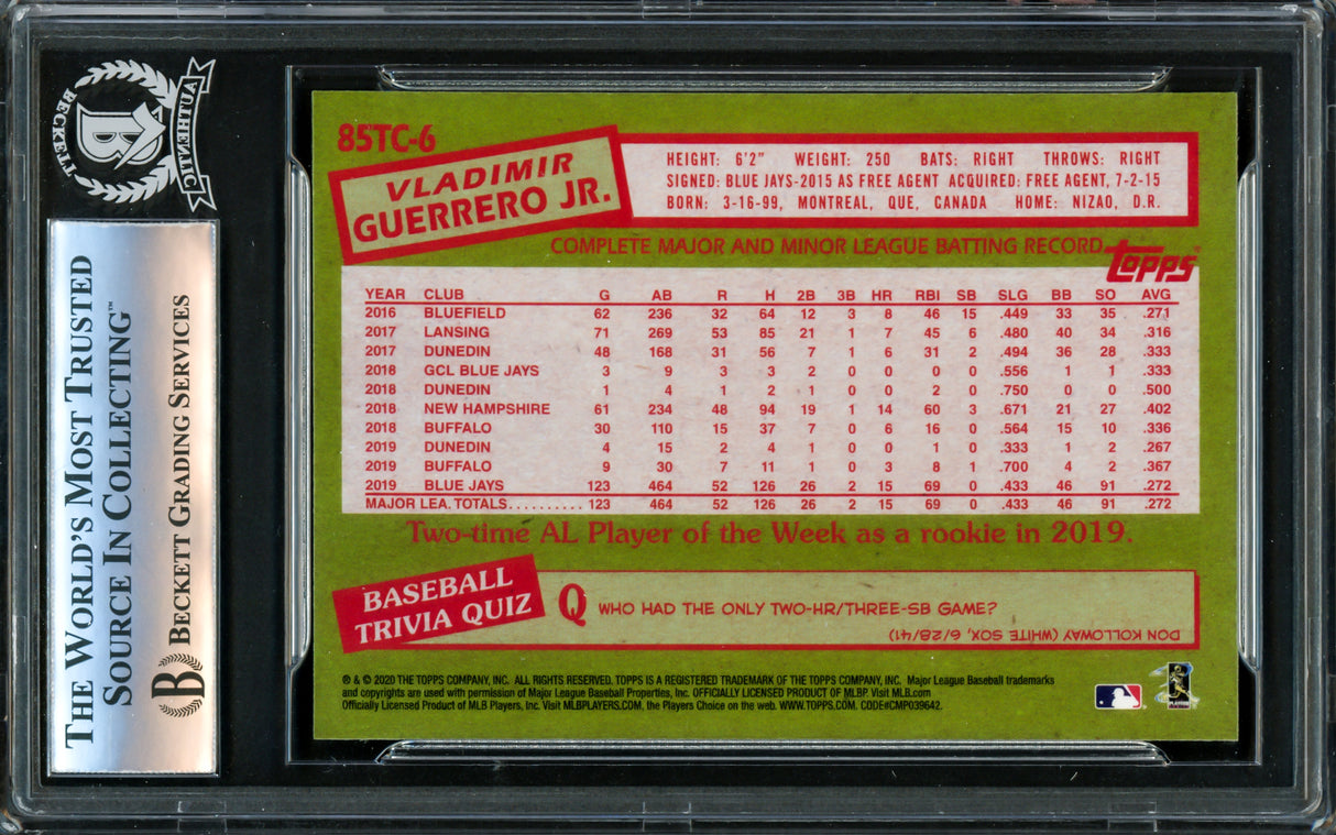 Vladimir Guerrero Jr. Autographed 2020 Topps Chrome 35th Anniversary Card #85TC-6 Toronto Blue Jays Beckett BAS #16340192