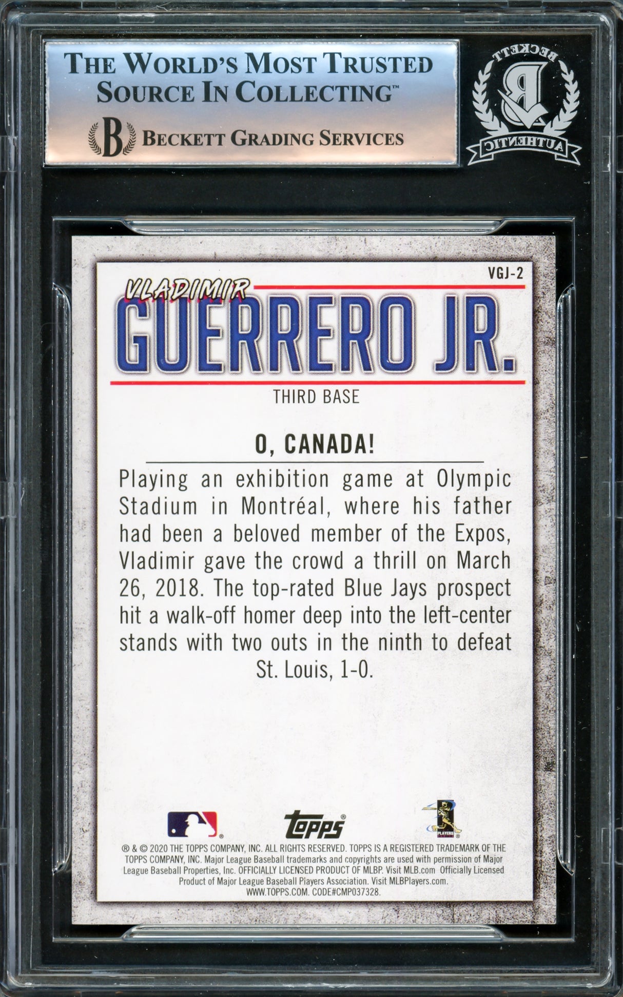 Vladimir Guerrero Jr. Autographed 2020 Topps Highlights Card #VGJ-2 Toronto Blue Jays Beckett BAS #16340283