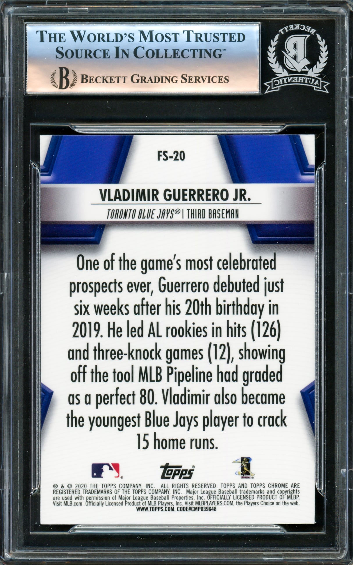 Vladimir Guerrero Jr. Autographed 2020 Topps Chrome Future Stars Card #FS-20 Toronto Blue Jays Beckett BAS #16340291
