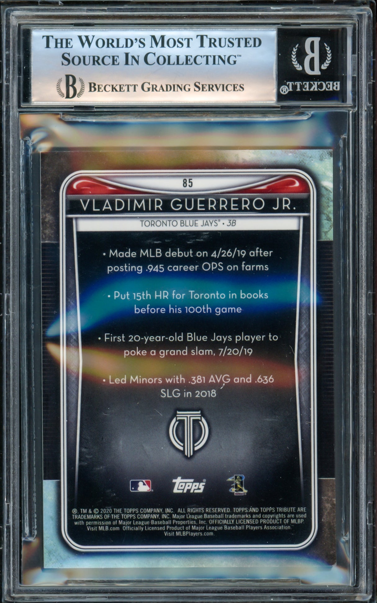 Vladimir Guerrero Jr. Autographed 2020 Topps Tribute Card #85 Toronto Blue Jays Beckett BAS #16340194