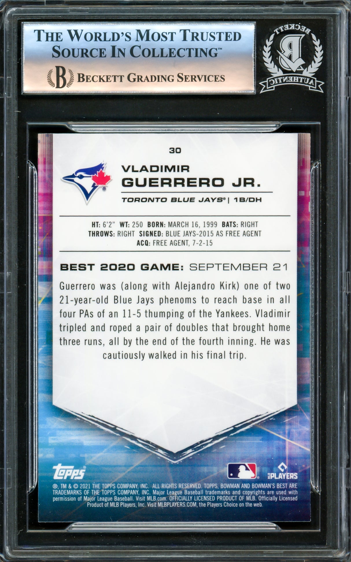 Vladimir Guerrero Jr. Autographed 2021 Bowman's Best Card #30 Toronto Blue Jays Beckett BAS #16340320