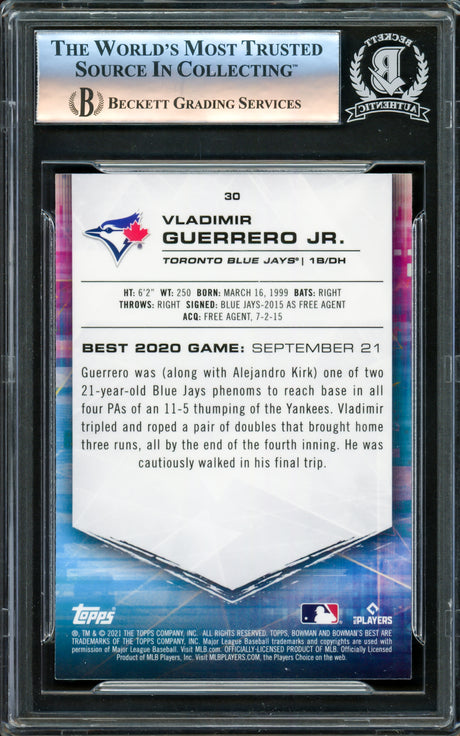 Vladimir Guerrero Jr. Autographed 2021 Bowman's Best Card #30 Toronto Blue Jays Beckett BAS #16340322