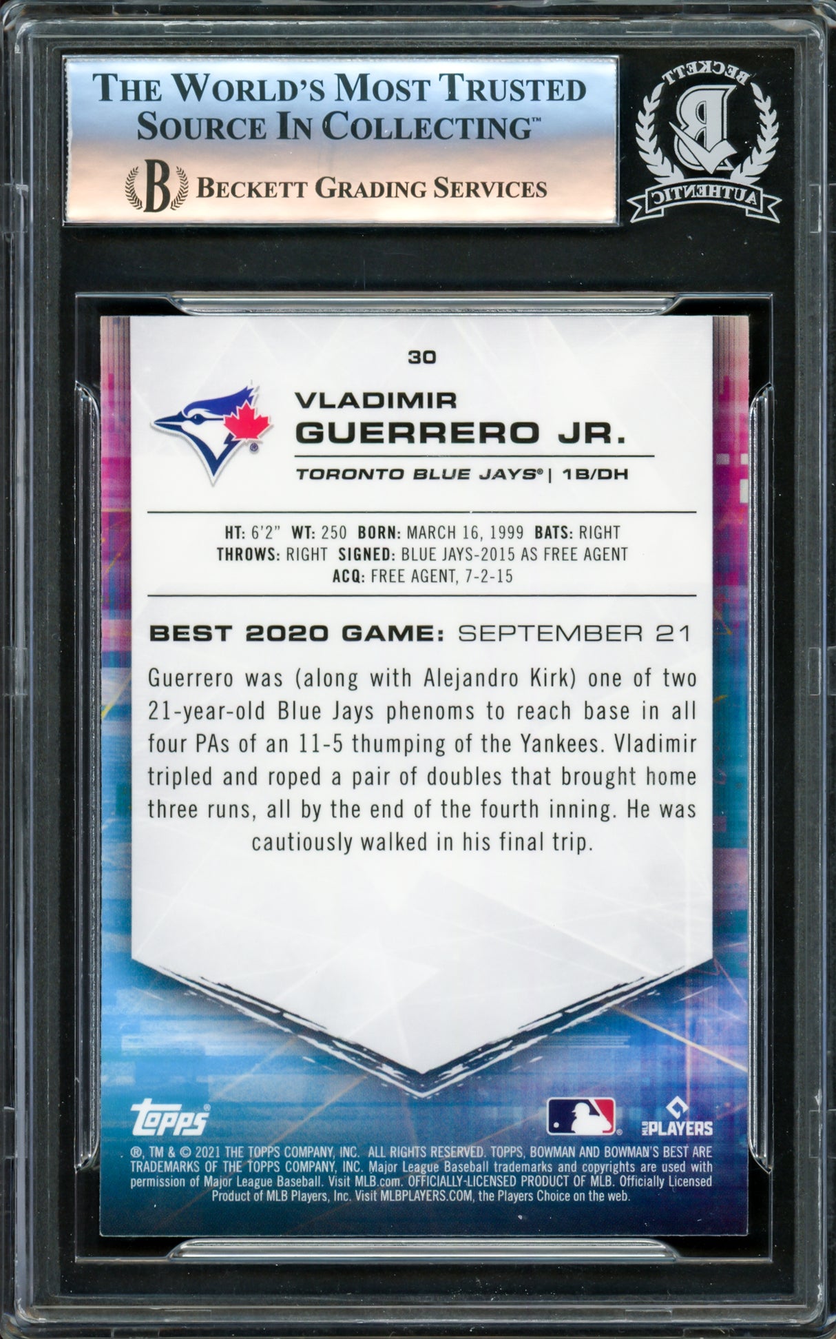 Vladimir Guerrero Jr. Autographed 2021 Bowman's Best Card #30 Toronto Blue Jays Beckett BAS #16340322