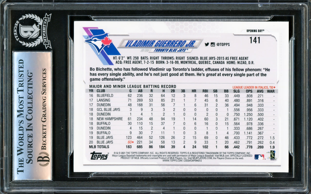 Vladimir Guerrero Jr. Autographed 2021 Topps Opening Day Card #141 Toronto Blue Jays Beckett BAS #16340494