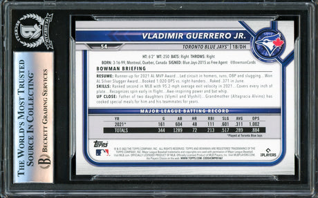 Vladimir Guerrero Jr. Autographed 2022 Bowman Card #54 Toronto Blue Jays Beckett BAS #16340619
