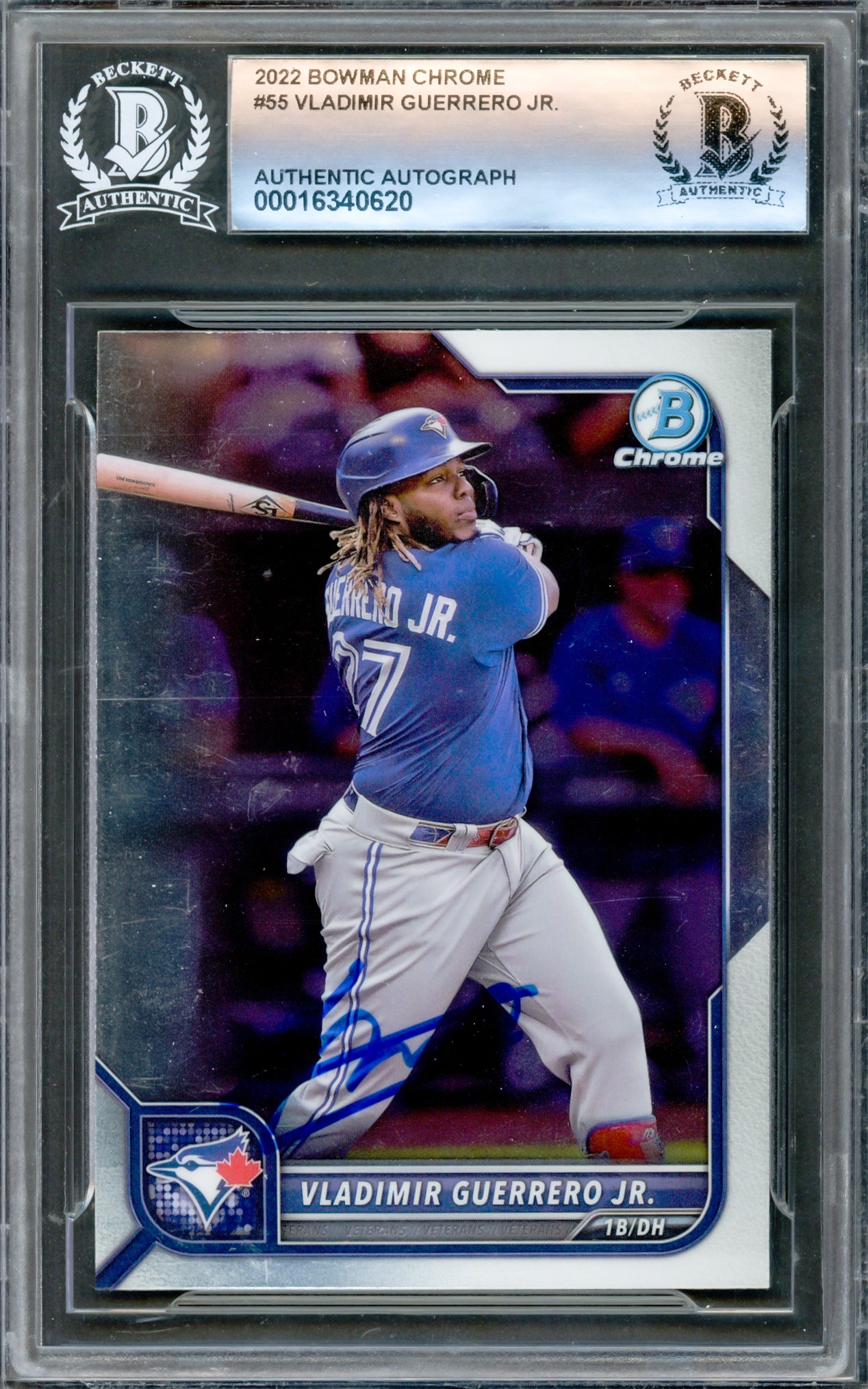 Vladimir Guerrero Jr. Autographed 2022 Bowman Chrome Card #55 Toronto Blue Jays Beckett BAS #16340620