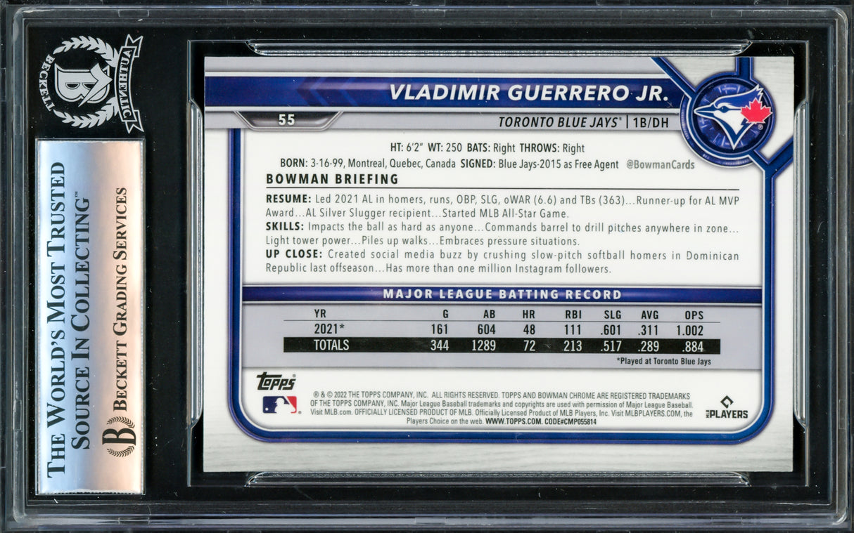 Vladimir Guerrero Jr. Autographed 2022 Bowman Chrome Card #55 Toronto Blue Jays Beckett BAS #16340620