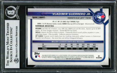 Vladimir Guerrero Jr. Autographed 2022 Bowman Chrome Card #55 Toronto Blue Jays Beckett BAS #16340621