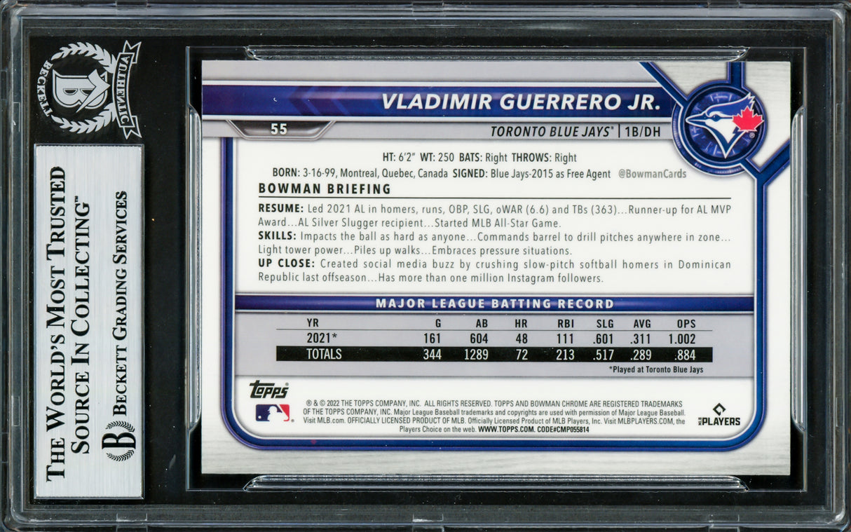 Vladimir Guerrero Jr. Autographed 2022 Bowman Chrome Card #55 Toronto Blue Jays Beckett BAS #16340621