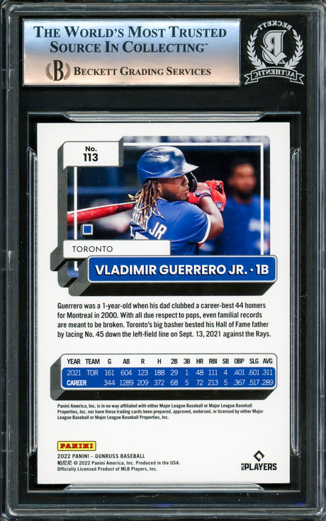 Vladimir Guerrero Jr. Autographed 2022 Donruss Card #113 Toronto Blue Jays Beckett BAS #16340624