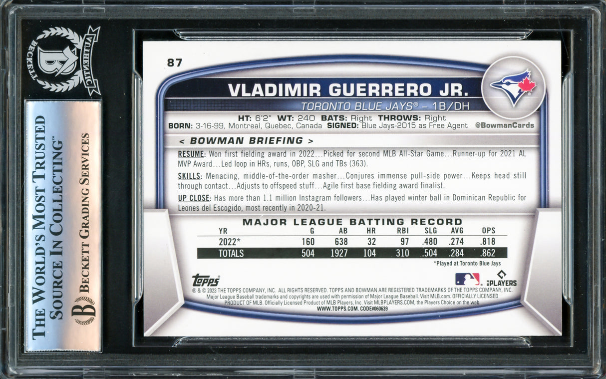 Vladimir Guerrero Jr. Autographed 2023 Bowman Card #87 Toronto Blue Jays Beckett BAS #16340772