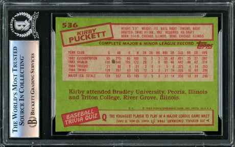 Kirby Puckett Autographed 1985 Topps Rookie Card #536 Minnesota Twins Vintage Signature Beckett BAS #16340854