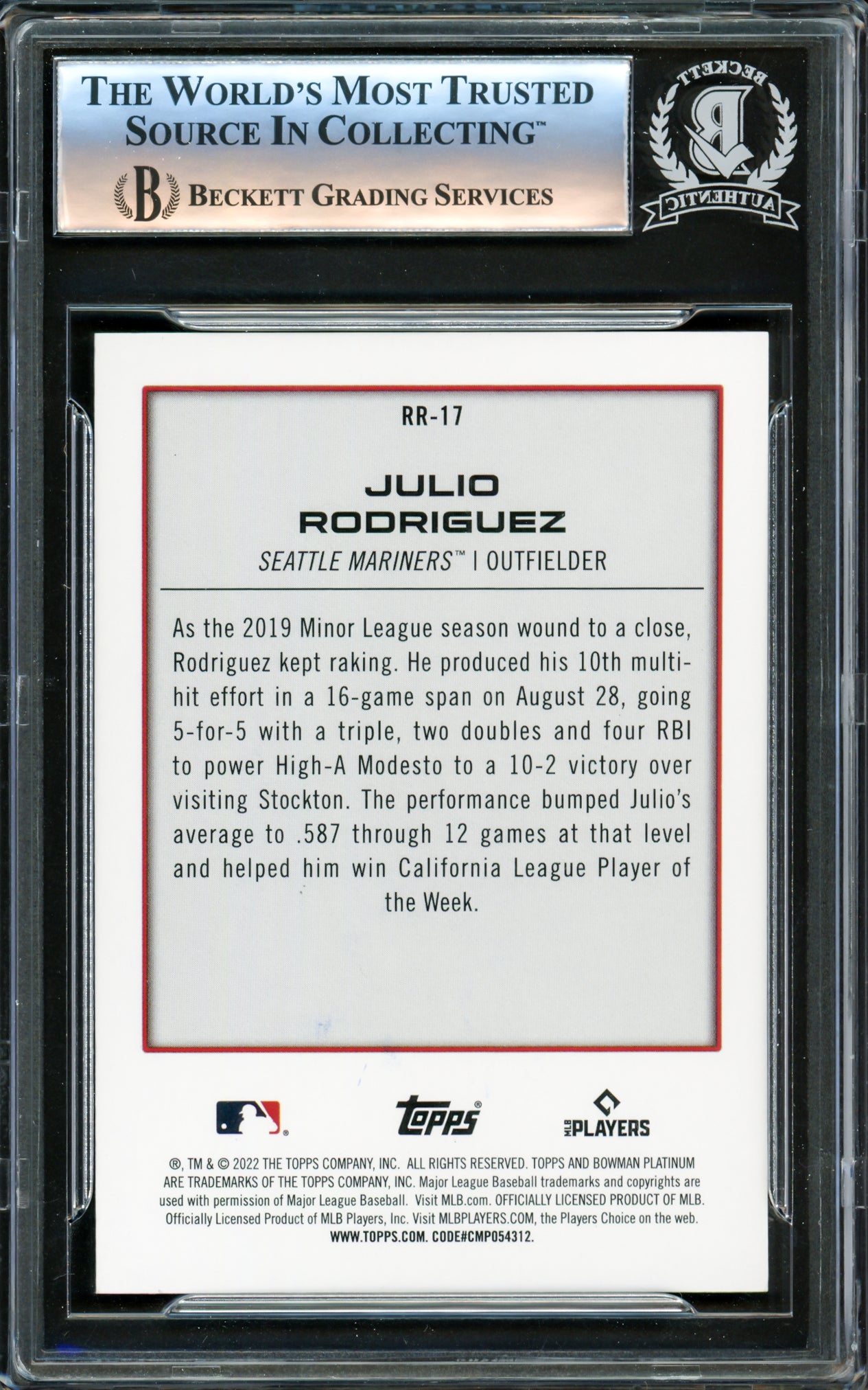 Julio Rodriguez Autographed 2022 Bowman Platinum Renowned Rookies Rookie Card #RR17 Seattle Mariners Beckett BAS #16340979