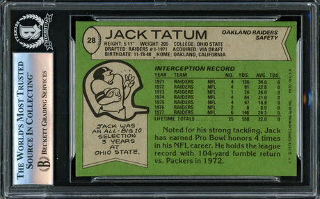 Jack Tatum Autographed 1978 Topps Card #28 Oakland Raiders Beckett BAS #16341012