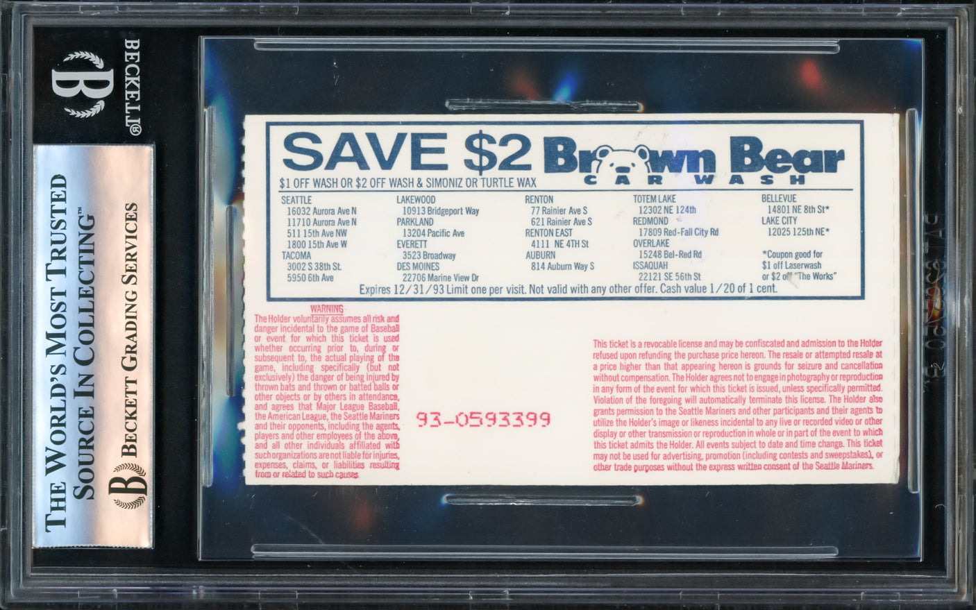 Randy Johnson Autographed September 26th, 1993 Ticket Seattle Mariners "2x3.5" 300th Strikeout Beckett BAS #16341128