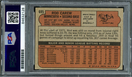 Rod Carew Autographed 1972 Topps Card #695 Minnesota Twins Vintage Signature PSA/DNA #84632128