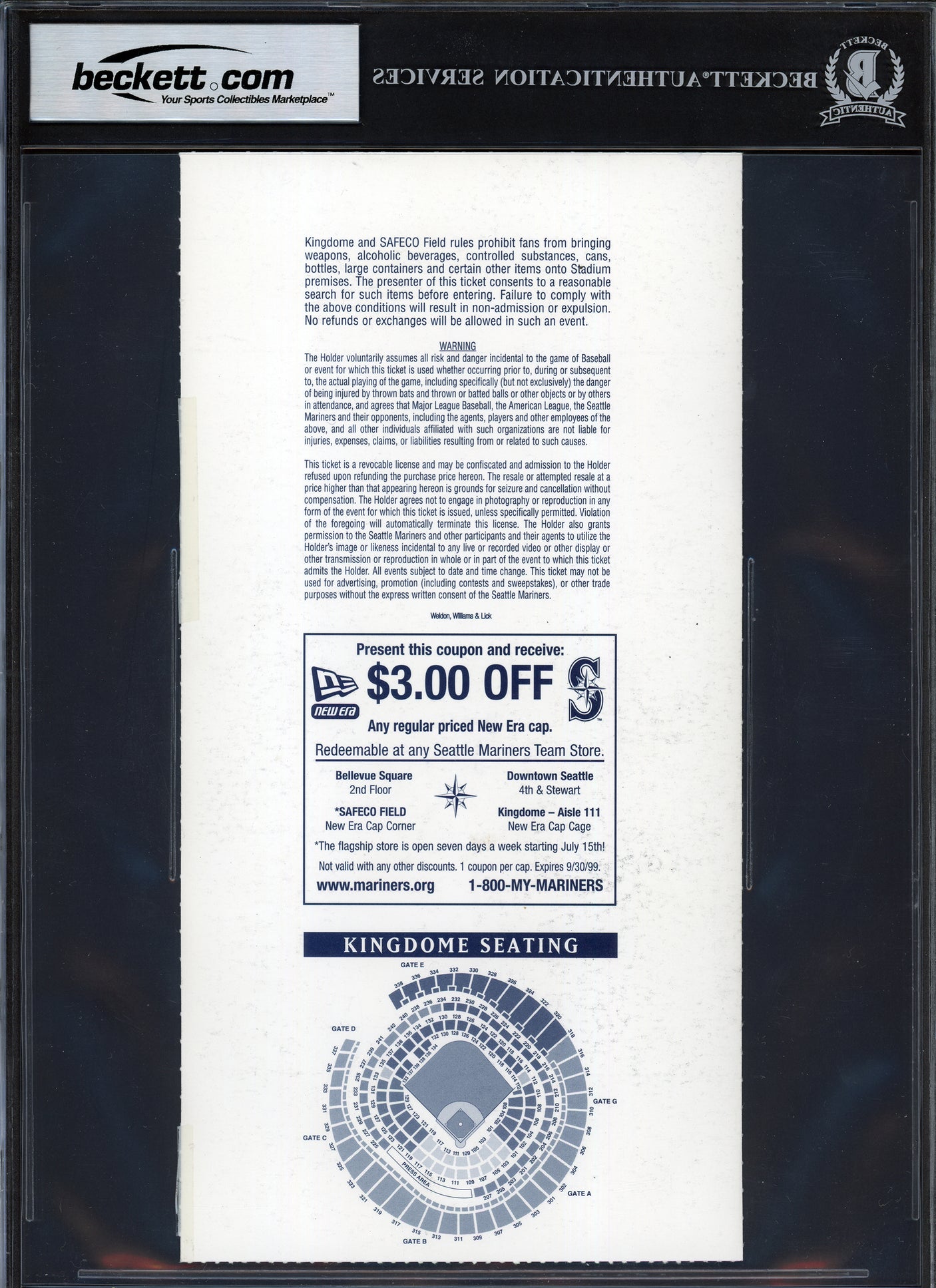 Alex Rodriguez Autographed June 27th, 1999 Ticket Seattle Mariners Last Game in Kingdome Beckett BAS #16341138