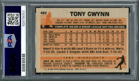 Tony Gwynn Autographed 1983 Topps Rookie Card #482 San Diego Padres PSA 8 Auto Grade Mint 9 PSA/DNA #82878053