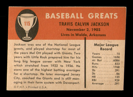 Travis Jackson Autographed 1961 Fleer Card #115 New York Giants SKU #222098