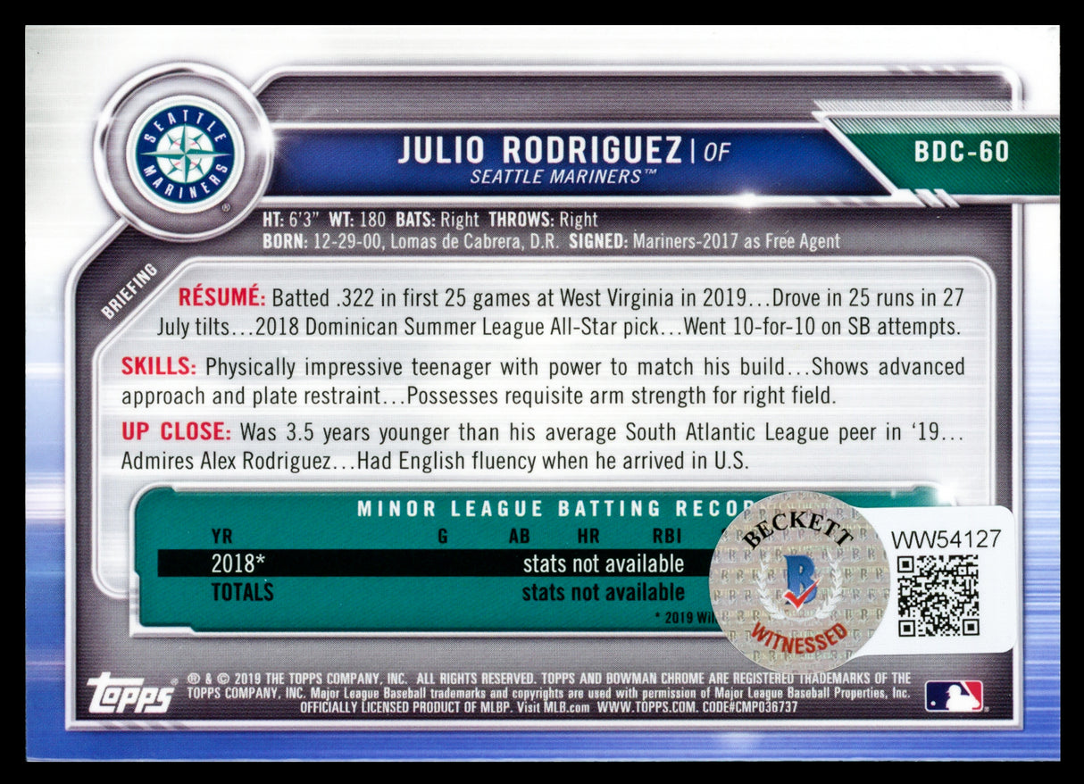 Julio Rodriguez Autographed 2019 Bowman Chrome Draft Card Seattle Mariners "JROD Show" Beckett BAS Witness #WW54127