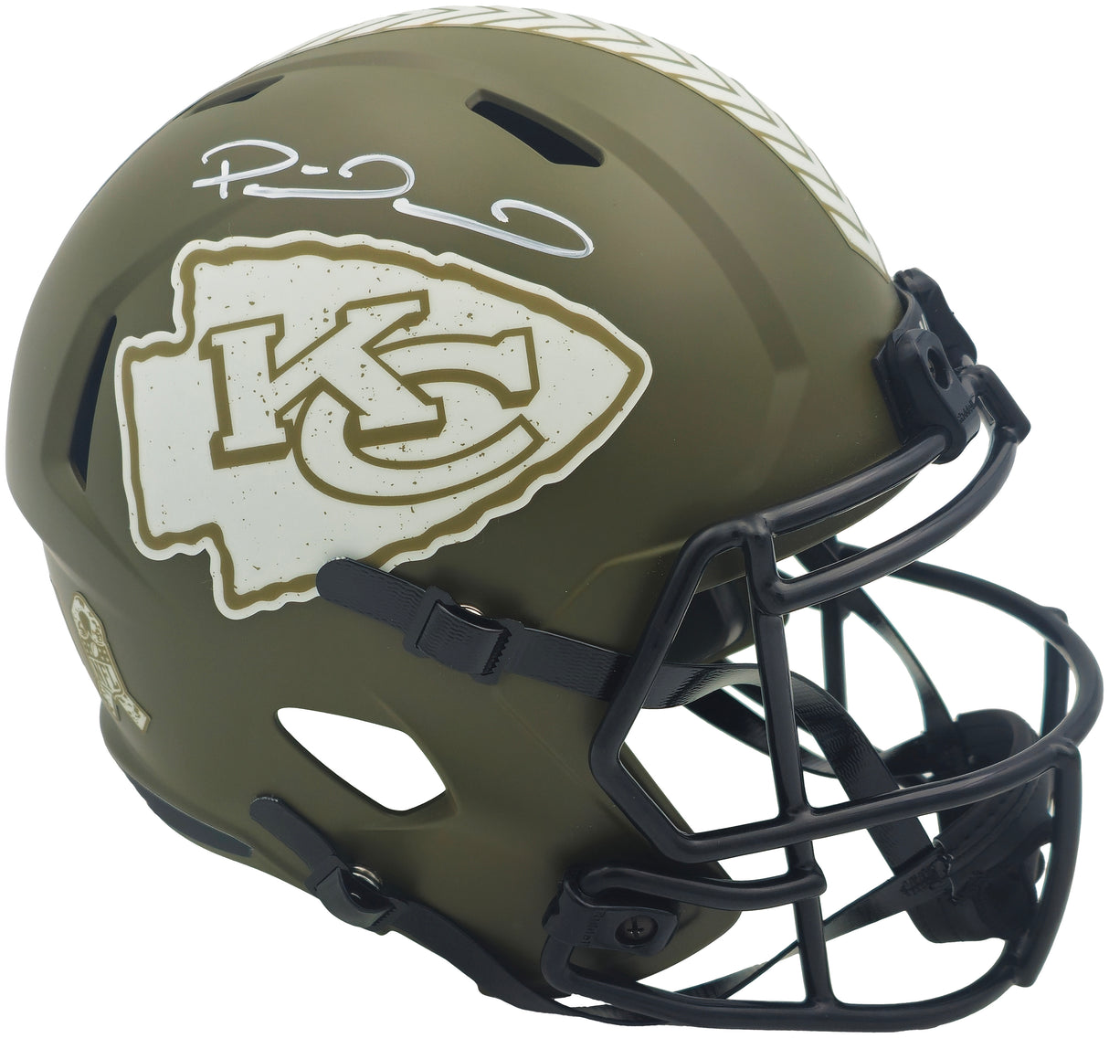 Patrick Mahomes Autographed Kansas City Chiefs Army Green Full Size Salute to Service Helmet Beckett BAS Witness #W124247