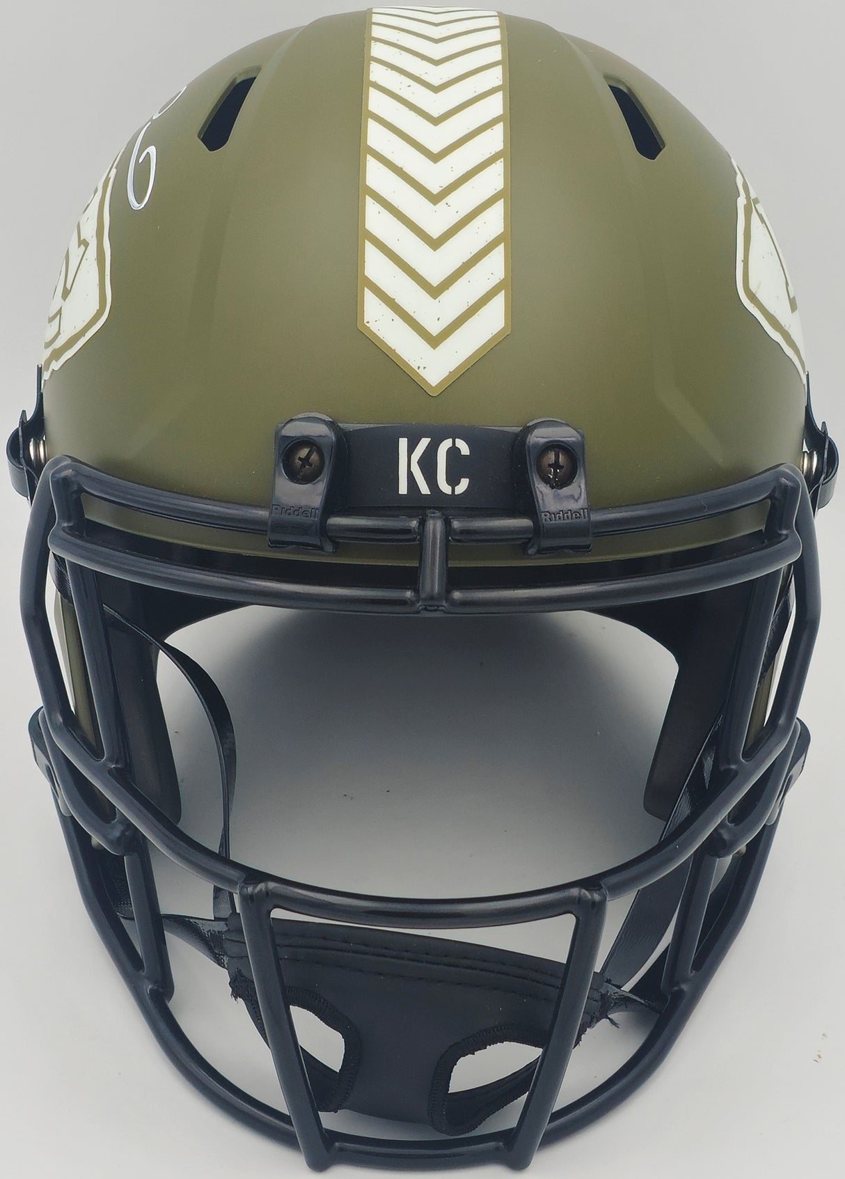 Patrick Mahomes Autographed Kansas City Chiefs Army Green Full Size Salute to Service Helmet Beckett BAS Witness #W124247