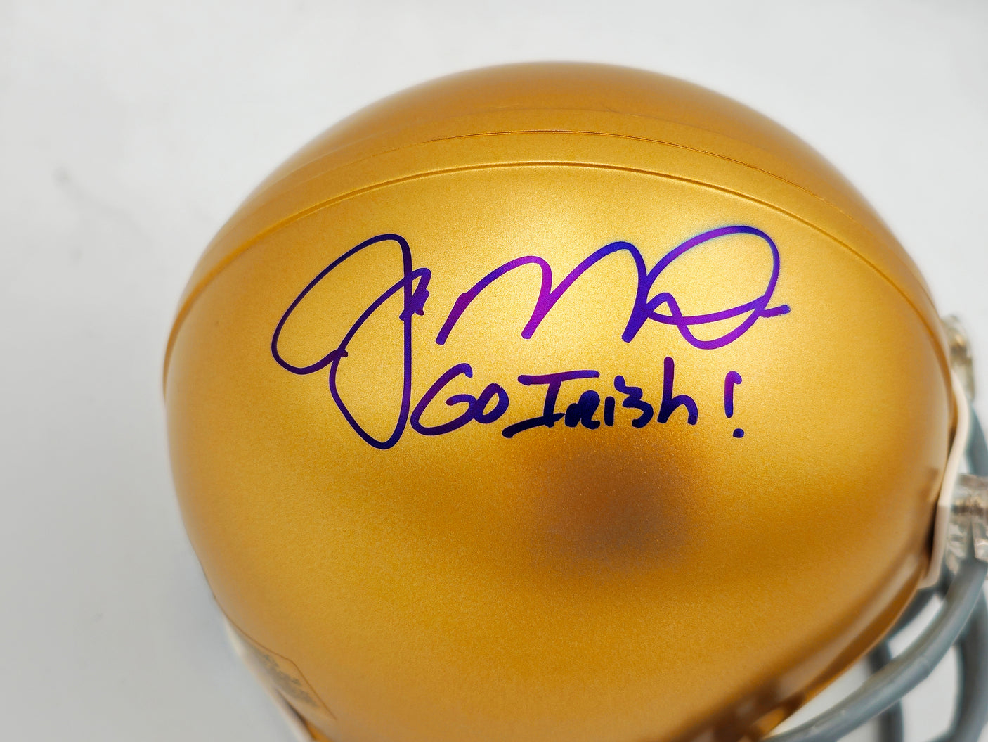 Joe Montana Autographed Notre Dame Fighting Irish Gold Mini Helmet "Go Irish!" Beckett BAS QR Stock #238340
