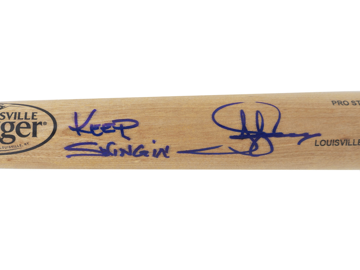 Jay Buhner Autographed Blonde Louisville Slugger Pro Stock Baseball Bat Seattle Mariners "Keep Swingin" Beckett BAS Witness Stock #238592
