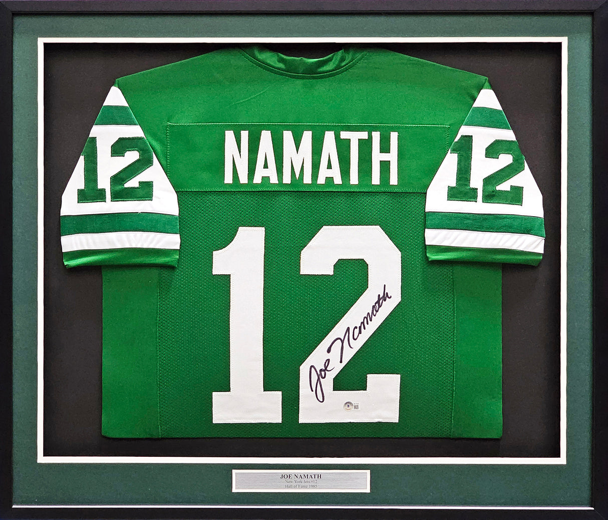 New York Jets Joe Namath Autographed Framed Green Jersey Beckett BAS Witness Stock #238539