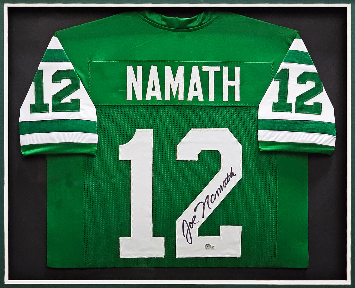 New York Jets Joe Namath Autographed Framed Green Jersey Beckett BAS Witness Stock #238539