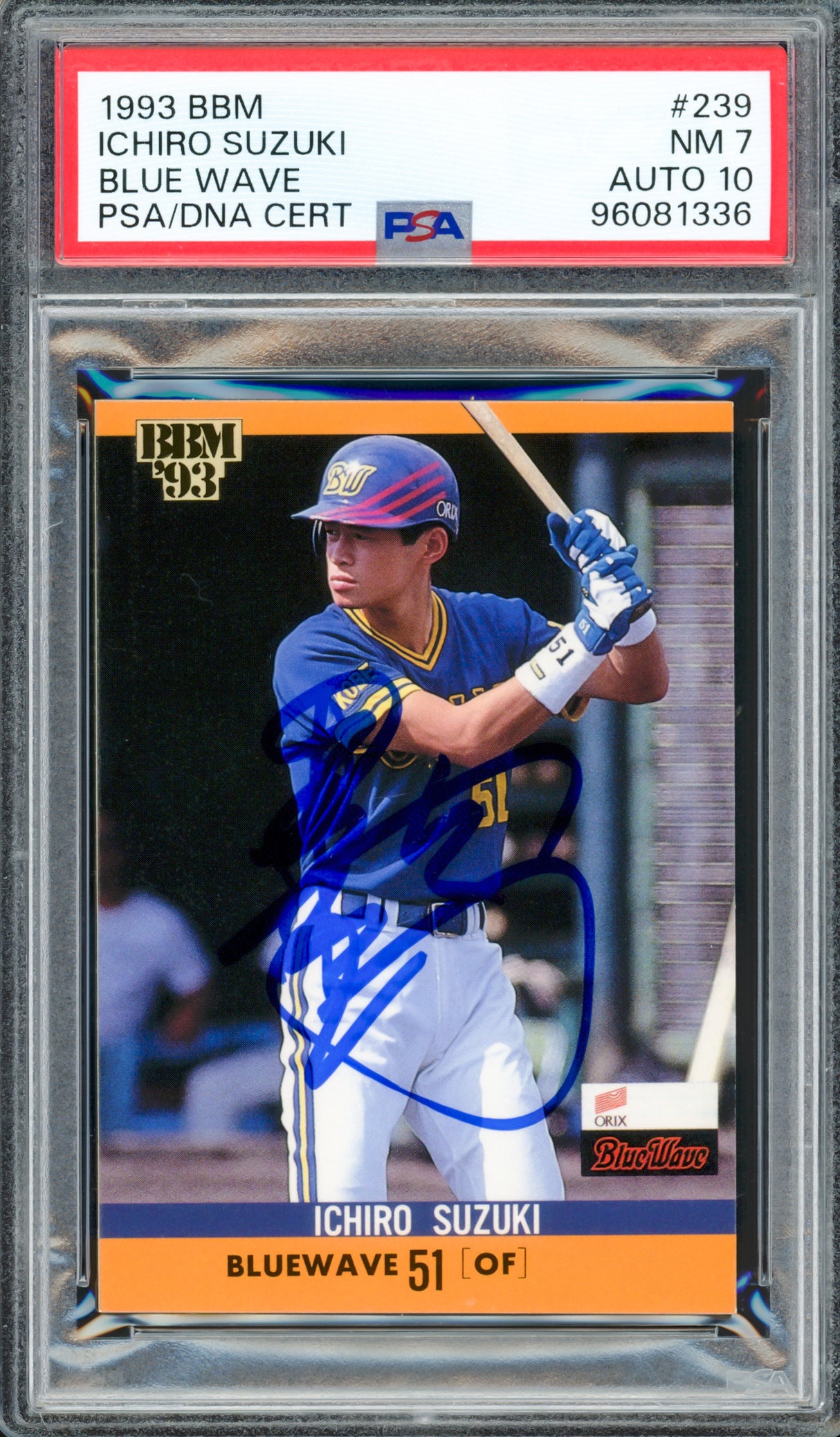 Ichiro Suzuki Autographed 1993 BBM Rookie Card #239 Orix Blue Wave PSA 7 Auto Grade Gem Mint 10 Signed In Kanji PSA/DNA #96081336