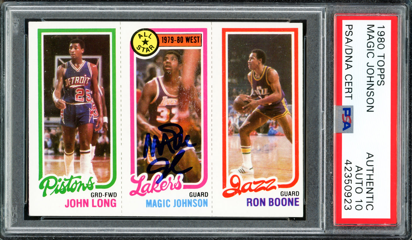 Magic Johnson Autographed 1980 Topps Rookie Card #18 Los Angeles Lakers Auto Grade Gem Mint 10 PSA/DNA #42350923