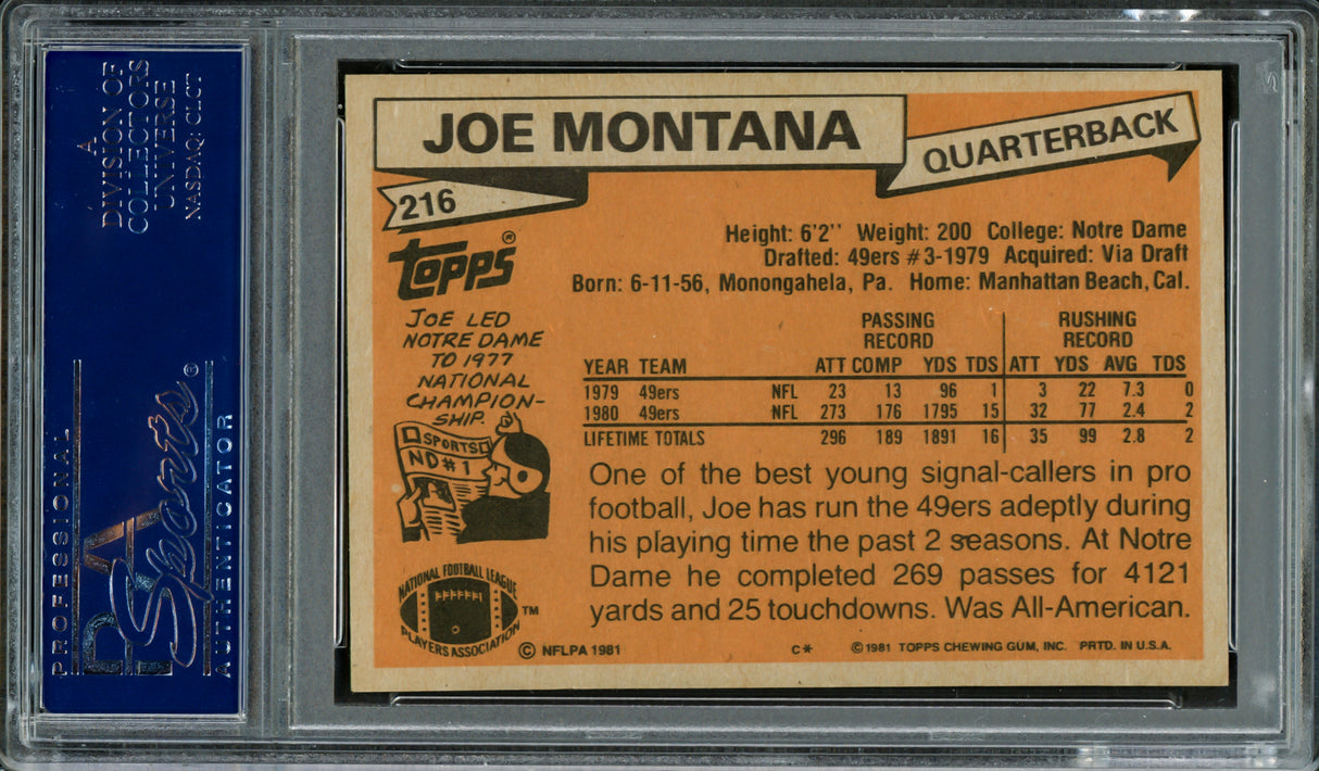 Joe Montana Autographed 1981 Topps Rookie Card #216 San Francisco 49ers Auto Grade Gem Mint 10 "1979 NFL Draft, Rd. 3, & Pick 82" PSA/DNA #83540205