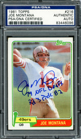 Joe Montana Autographed 1981 Topps Rookie Card #216 San Francisco 49ers "79 NFL Draft, Rd. 3, & Pick 82" PSA/DNA #83446096