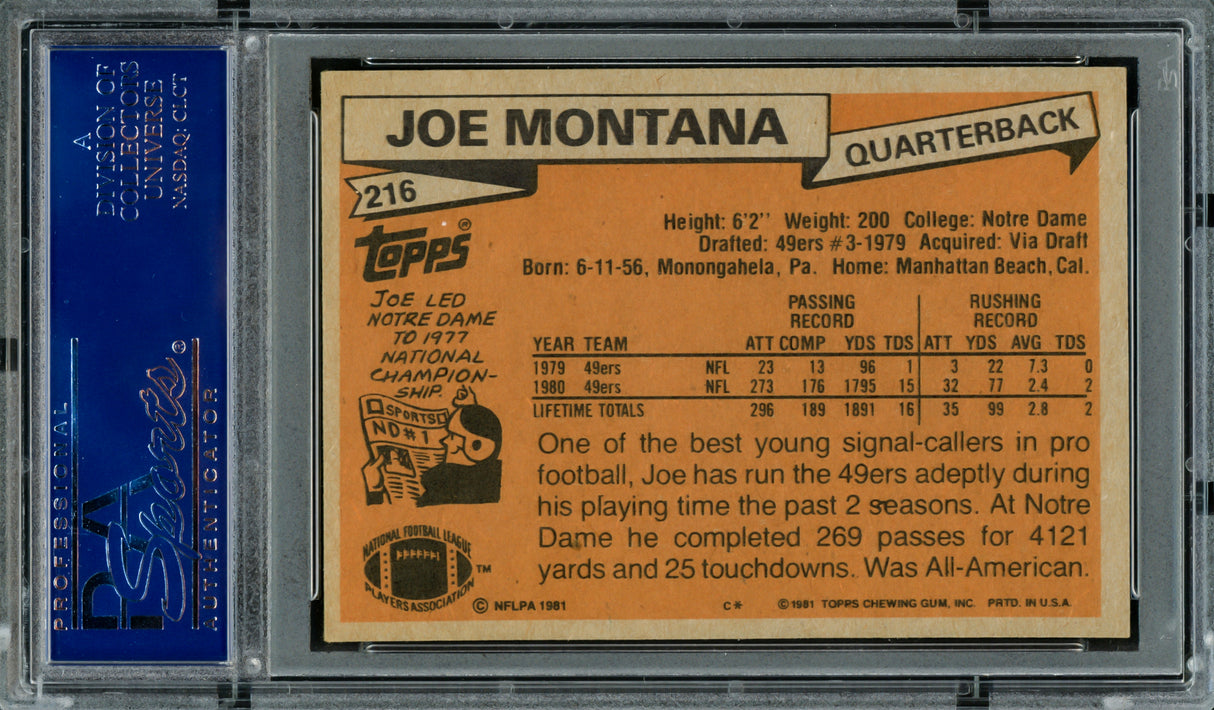 Joe Montana Autographed 1981 Topps Rookie Card #216 San Francisco 49ers "79 NFL Draft, Rd. 3, & Pick 82" PSA/DNA #83446096