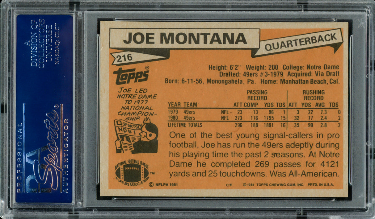 Joe Montana Autographed 1981 Topps Rookie Card #216 San Francisco 49ers "79 NFL Draft, Rd. 3, & Pick 82" PSA/DNA #83446099