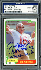 Joe Montana Autographed 1981 Topps Rookie Card #216 San Francisco 49ers "1979 NFL Draft, Rd. 3, & Pick 82" PSA/DNA #83446098