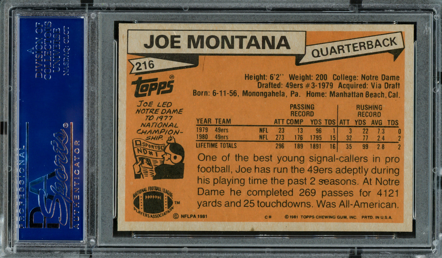 Joe Montana Autographed 1981 Topps Rookie Card #216 San Francisco 49ers "1979 NFL Draft, Rd. 3, & Pick 82" PSA/DNA #83446098
