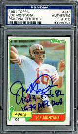 Joe Montana Autographed 1981 Topps Rookie Card #216 San Francisco 49ers "1979 NFL Draft, Rd. 3, & Pick 82" PSA/DNA #83446101