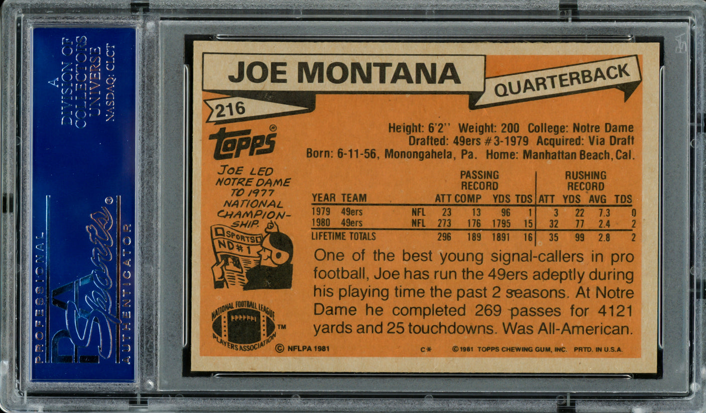 Joe Montana Autographed 1981 Topps Rookie Card #216 San Francisco 49ers "1979 NFL Draft, Rd. 3, & Pick 82" PSA/DNA #83446101