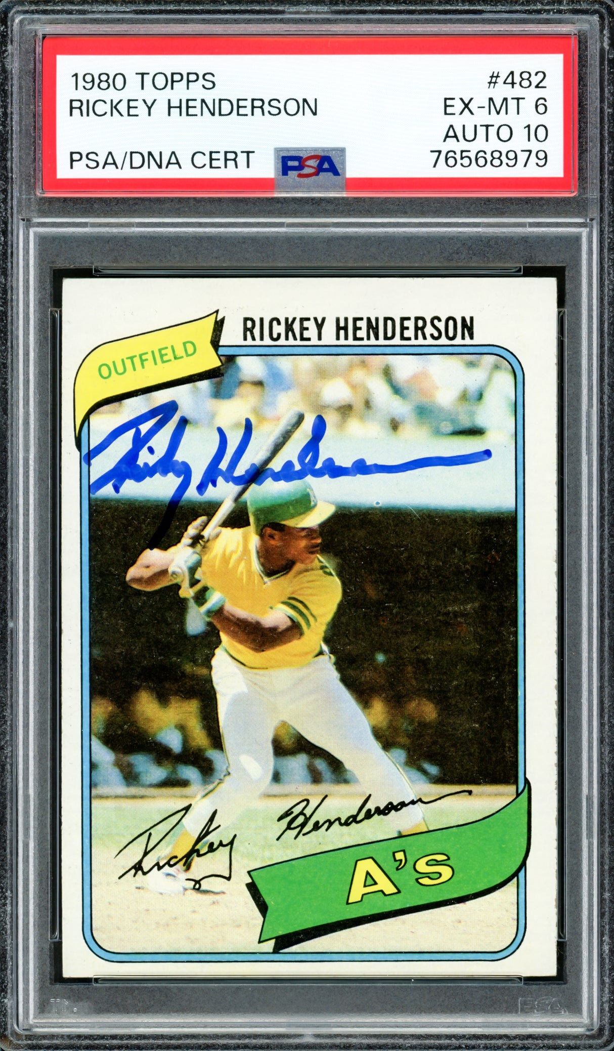 Rickey Henderson Autographed 1980 Topps Rookie Card #482 Oakland A's PSA 6 Auto Grade Gem Mint 10 PSA/DNA #76568979