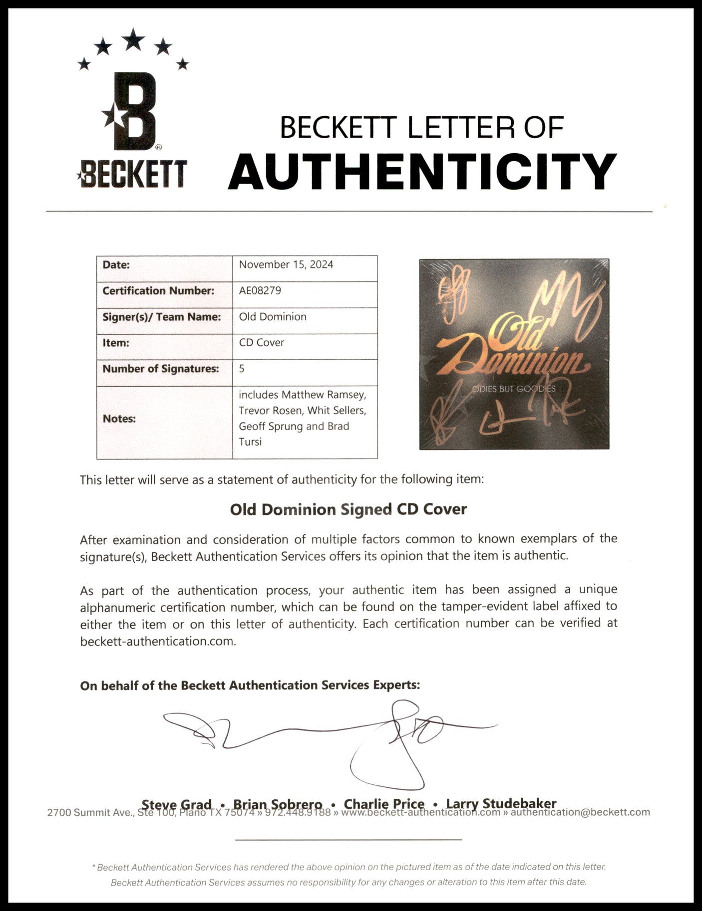 Old Dominion Autographed "Odies But Goodies" CD Cover Signed By All 5 Band Members Beckett BAS #AE08279