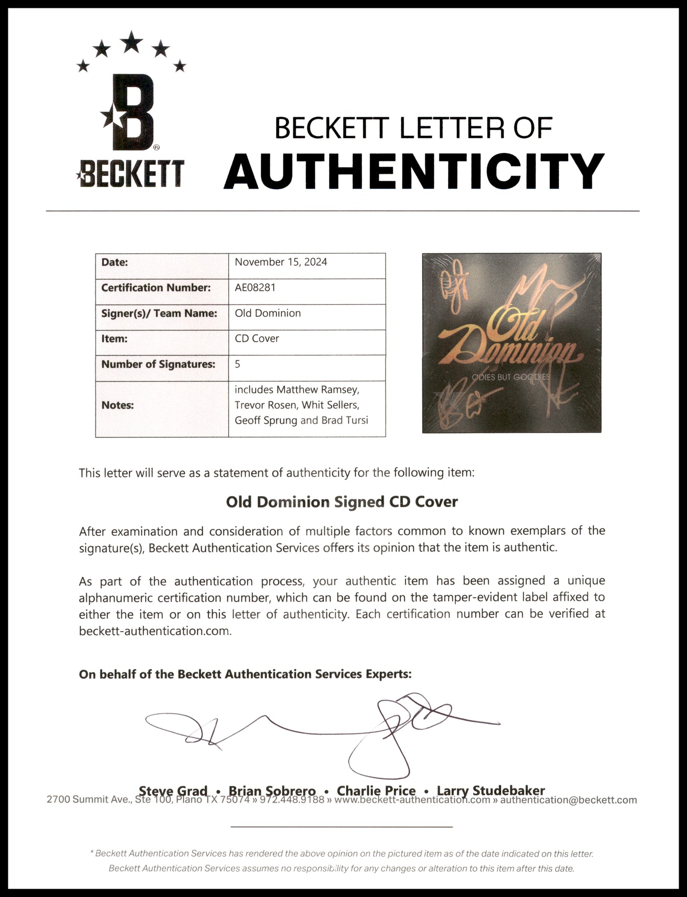 Old Dominion Autographed "Odies But Goodies" CD Cover Signed By All 5 Band Members Beckett BAS #AE08281