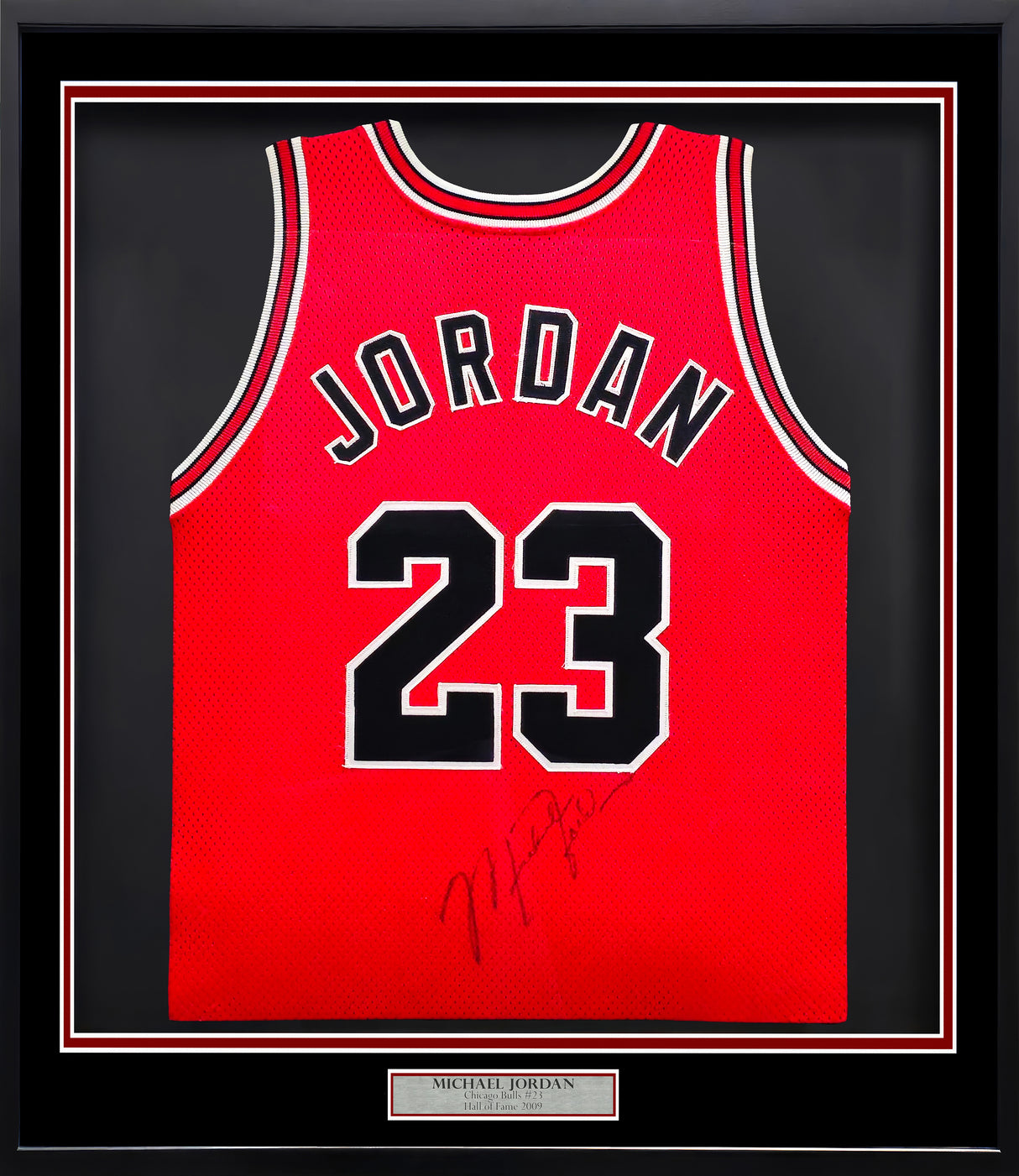 Chicago Bulls Michael Jordan Autographed Framed Red Authentic Jersey Vintage Signature PSA/DNA & Beckett BAS #AE07407