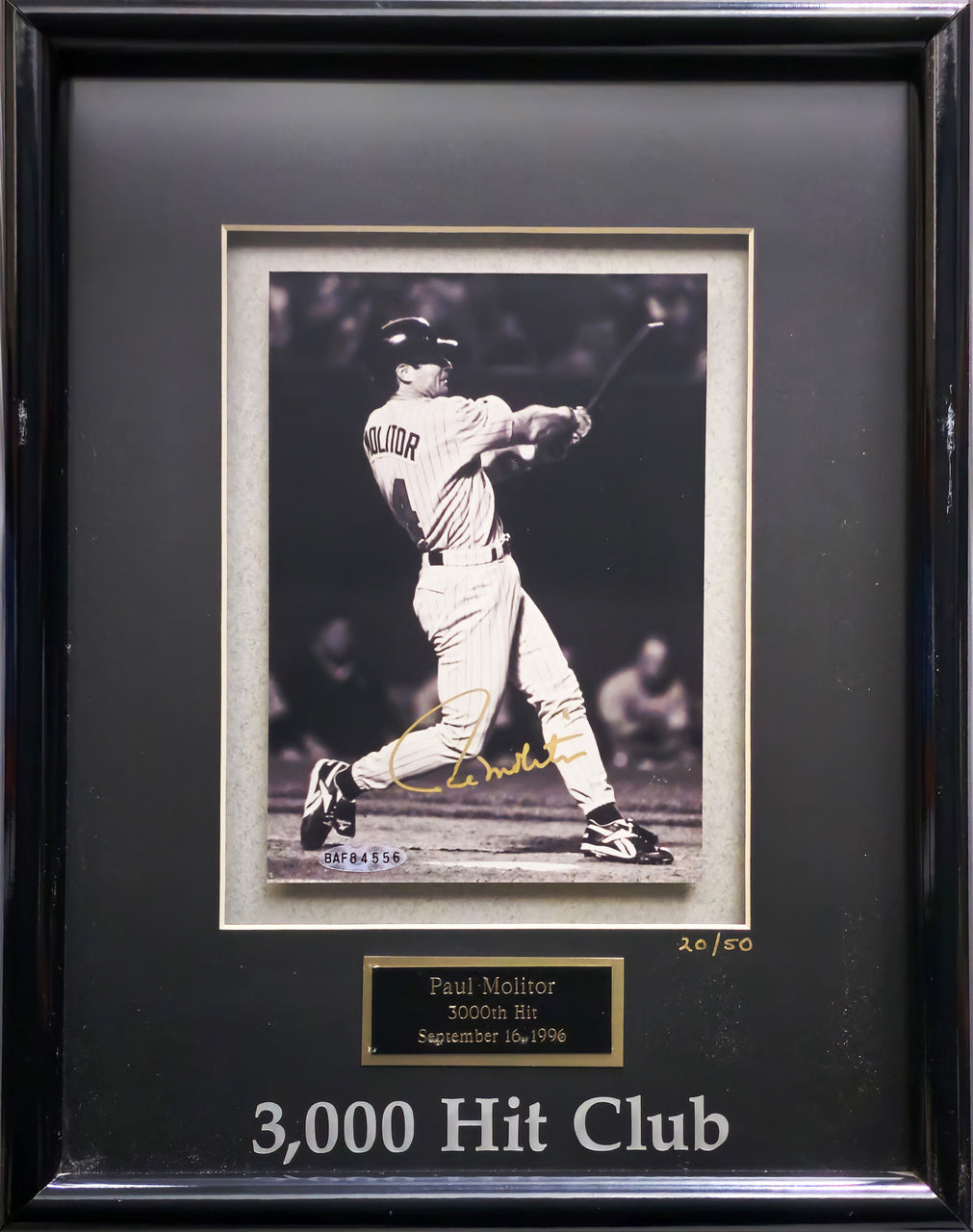 Paul Molitor Autographed Framed Gold 3000th Hit Club 5x7 Photo Minnesota Twins #20/50 UDA Holo #BAF84556