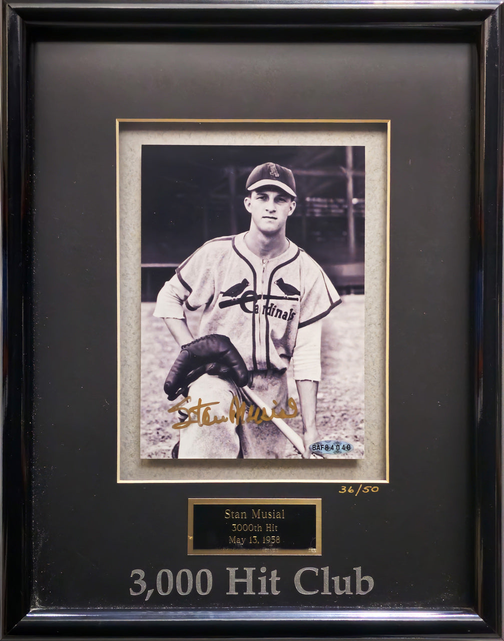 Stan Musial Autographed Framed Gold 3000th Hit Club 5x7 Photo St. Louis Cardinals #36/50 UDA Holo #BAF84040