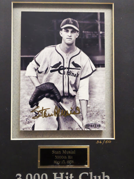 Stan Musial Autographed Framed Gold 3000th Hit Club 5x7 Photo St. Louis Cardinals #36/50 UDA Holo #BAF84040