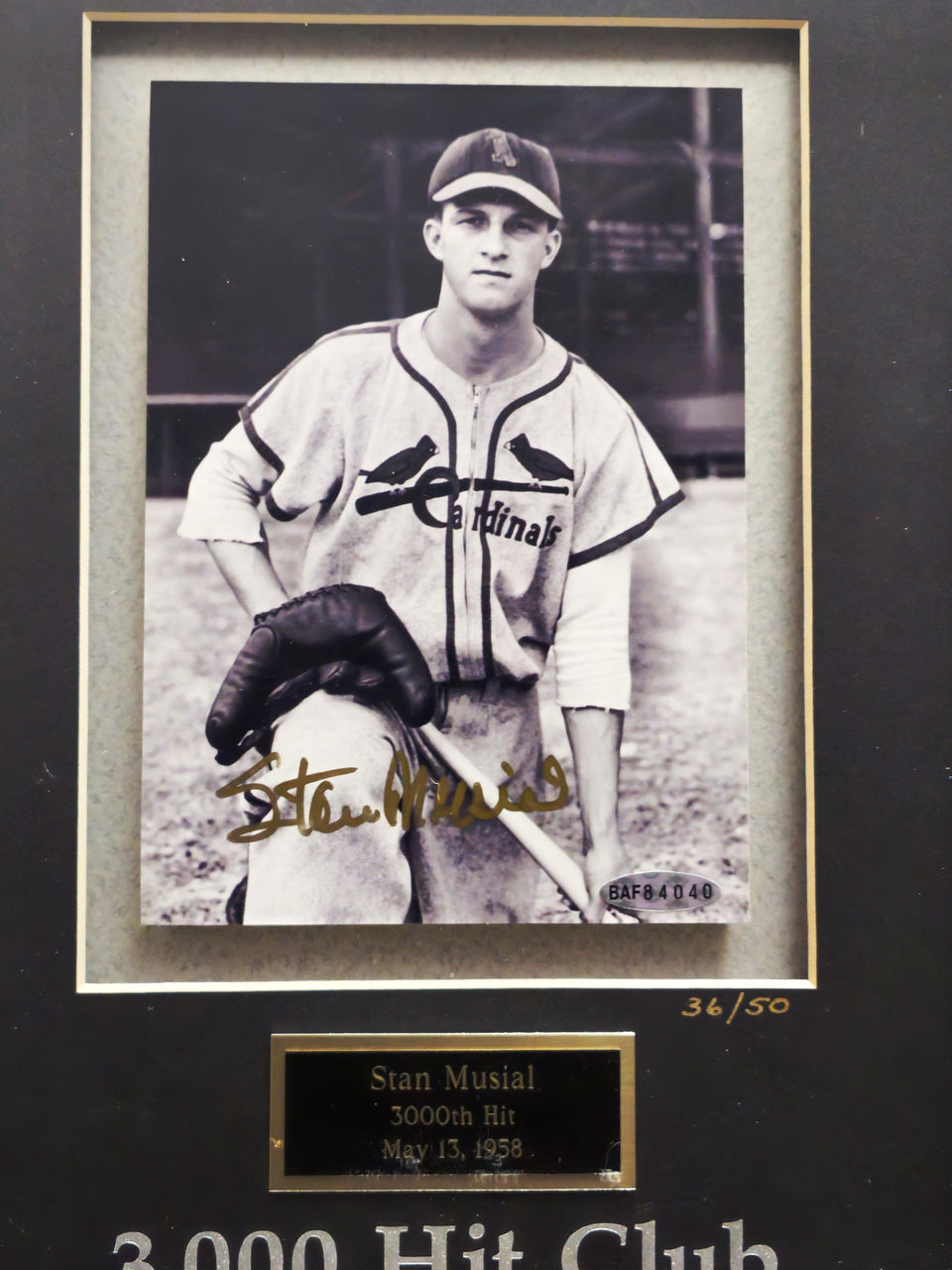 Stan Musial Autographed Framed Gold 3000th Hit Club 5x7 Photo St. Louis Cardinals #36/50 UDA Holo #BAF84040