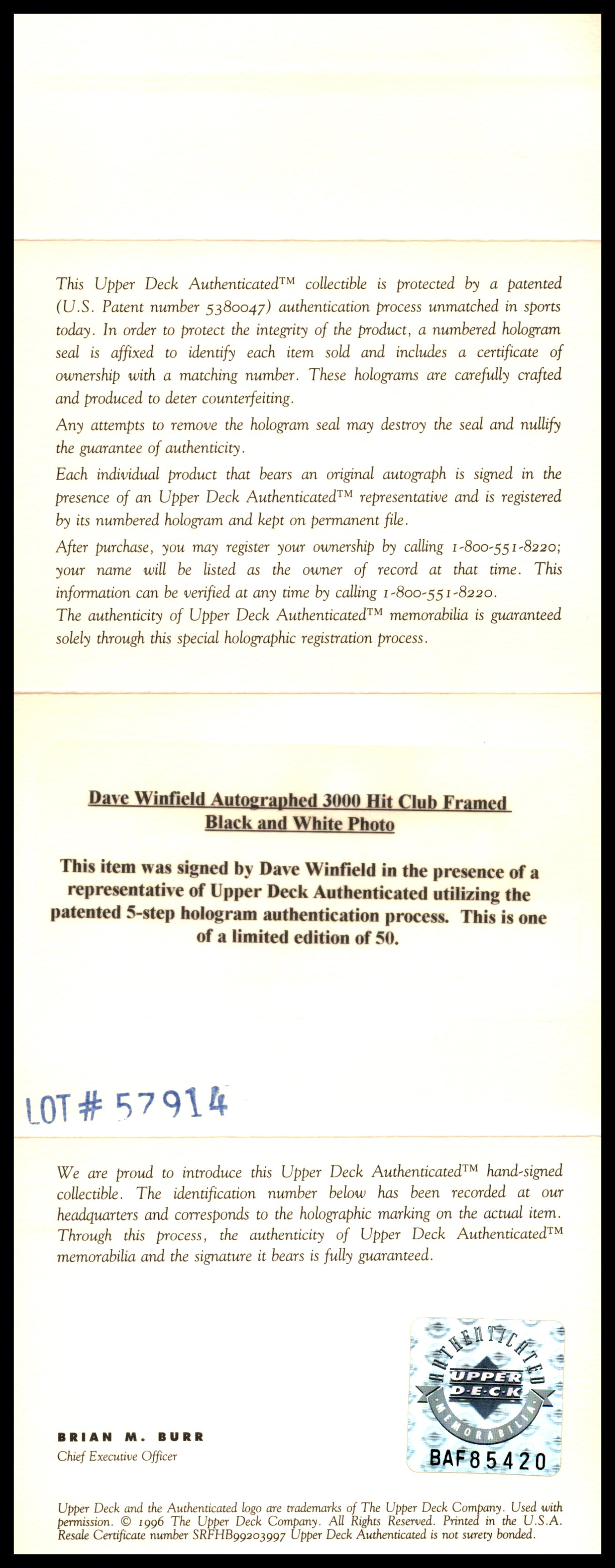 Dave Winfield Autographed Framed Gold 3000th Hit Club 5x7 Photo Minnesota Twins #21/50 UDA Holo #BAF85240